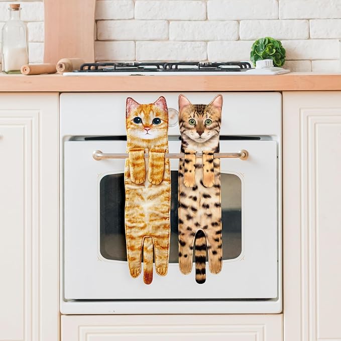 Cat Hand Towels for Kitchen Bathroom - Cute Cat Decor Gadgets - Hanging Soft Absorbent Hand Face Towel - Funny Birthday Mothers Day Housewarming Holiday Unique Gifts for Women Mom Lady Cat Lovers
