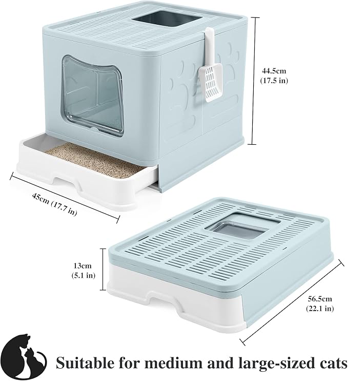 Bolux Foldable Cat Litter Box with Lid, Extra Large Litter Box with Cat Litter Scoop, Drawer Type Cat Litter Pan Easy to Scoop & Low Tracking (Blue XL)