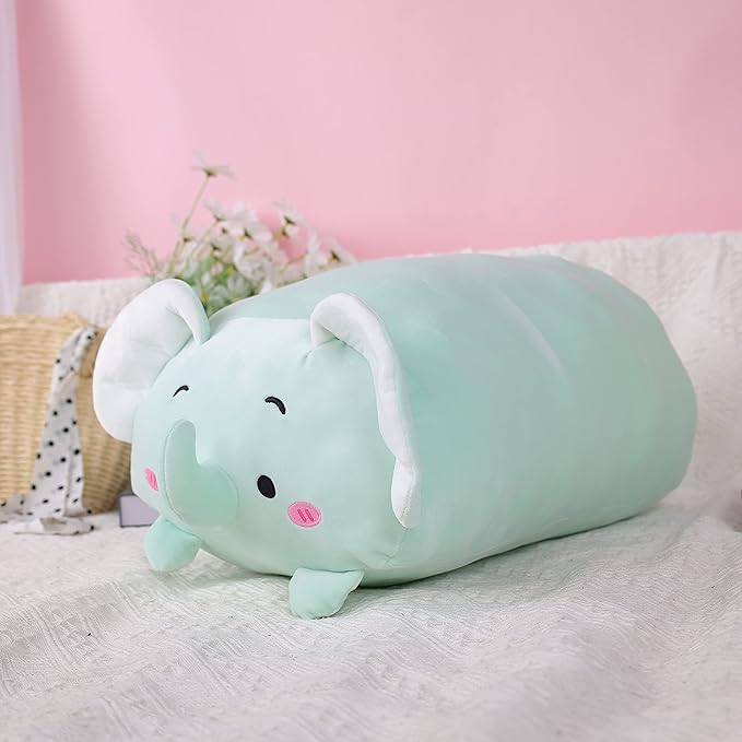 TemBe 23.6 inch Cute Large Elephant Plush Stuffed Animal Pillow, Very Soft Squish Mellow Hugging Toy Gifts for Bedding, Kids Sleeping Cute Pillow (Green Elephant)