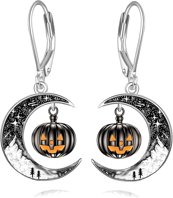 Black Cat/Bat/Spider/Pumpkin/Wolf/Bunny/Sun and Moon/Turtle/Raven 925 Sterling Silver Leverback Dangle Earrings Moon Gothic Christmas Earrings Jewelry Gift for Women