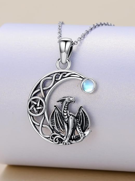 Black Cat/Dragon/Fox/Wolf Necklace 925 Sterling Silver Celtic Moon Pentagram Pendant Gothic Jewelry Goth Halloween Gifts for Women