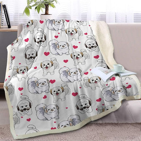 BlessLiving Shih Tzu Sherpa Throw Blanket - Super Soft Fuzzy Cozy Warm Red Hearts Dog Blanket Thick Plush Fluffy Blankets for Teen Girls Women Couch Bed Sofa Chair Men Boys Gift (Twin, 60x80 Inches)