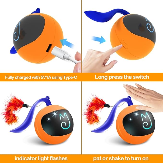 Migipaws Interactive Cat Ball Toy Set, Fun Tracker, Automatic Rolling Chase Ball with Fluffy Tail, A Small Mice, Rechargeable（Orange）