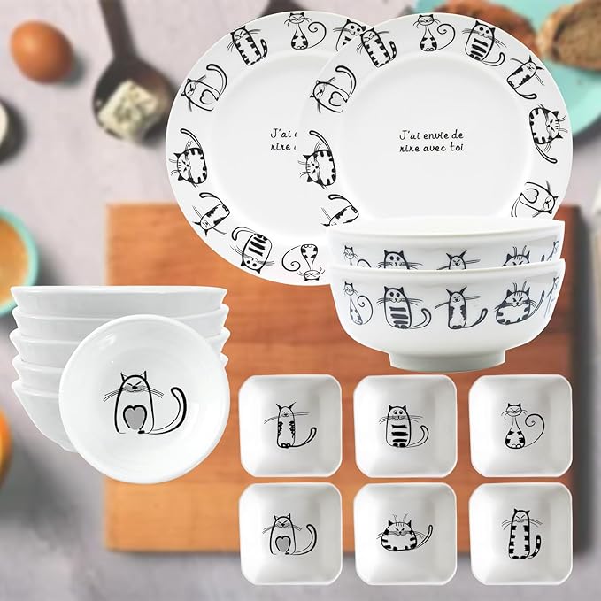 BigNoseDeer Super Cute Cat Ceramic Sauce Dish,Mini Side Seasoning Dish,Condiment Dishes,Sushi Soy Dipping Bowl,Snack Serving Dishes,Meow Porcelain Small Saucer Set(Set of 6)