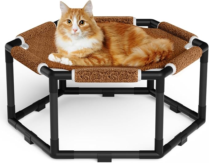 Tresbro Cat Bed, Hexagon Warm Elevated Cat Bed with Thick Teddy Velvet & Anti-Slip Pads, Raised Cat Hammock Bed for Indoor and Outdoor Use, 20.5'' x 18'' x 9.4'' Cat Hammock for Medium to Small Cats