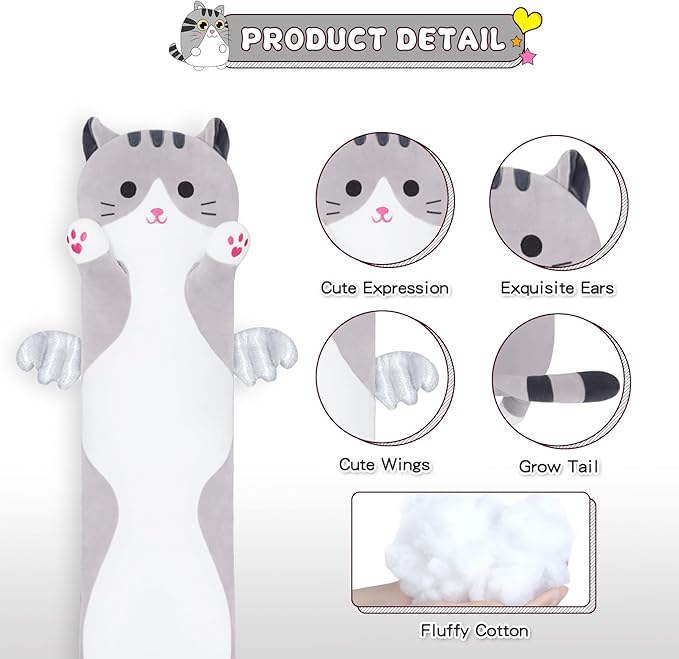 Soft Plush Pillow, Grey Long Kitten Plushie Kawaii Cat Stuffed Toy for Kids (90cm/35.4inch)