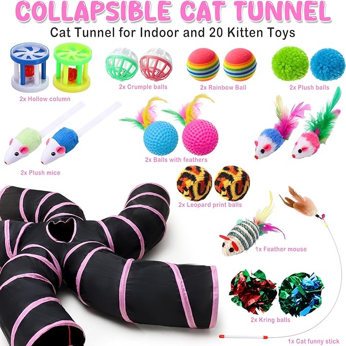 Poen 21 Pcs Cat Tunnel for Indoor Cats Set Collapsible 5 Way Cat Tubes with 20 Pcs Cat Toys Kitten Toys Interactive Cat Feather Toy Mouse Crinkle Balls Cat Tube for Puppy Kitten Rabbit (Pink Black)