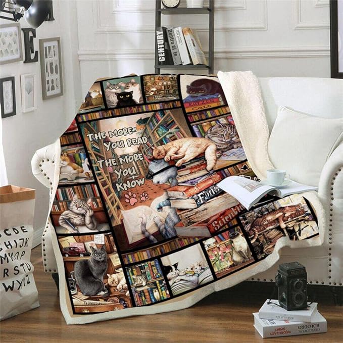 Book Lovers Gifts Throw Blanket,Cat Gifts for Cat Lovers Blanket,Cat Lover Gifts for Women,Gifts for Book Lovers, Soft Cat and Books Blanket for Sofa Couch Beds Decoration Christmas 50x60