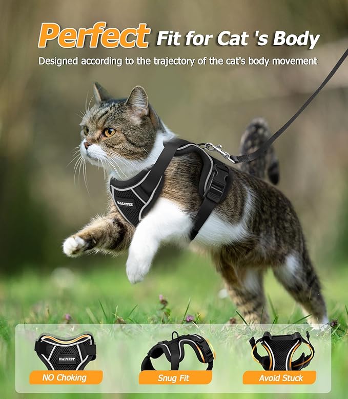 Halypet Cat Harness and Leash Set [MAX Safety 4th-Gen Upgrade] Escape Proof Adjustable Cat Leash Comfortable Soft Vest Easy to Wear Kitten Harness with Reflective Strip for Cats Walking, S Black