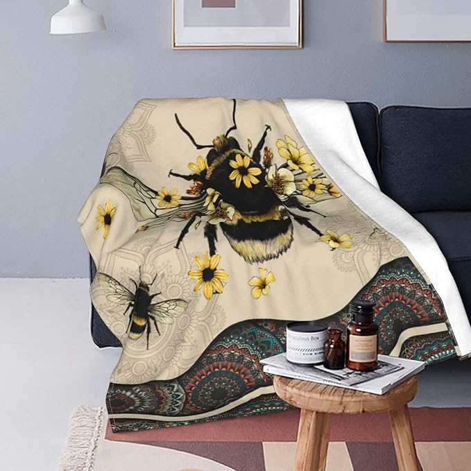 Bee Blanket Bees Sunflower Decor Throw Blanket Super Warm Soft Plush Lightweight Fleece Flannel Winter Bohemia Blanket Gifts for Girls Boys Baby Kids Women Couch Bedding 40"X50"
