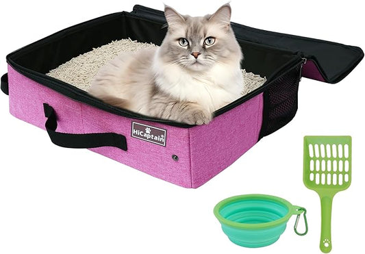 HiCaptain Portable Cat Travel Litter Box with Lid, Foldable Travel Litter Box in Car Designed for Medium Cats, Light Weight Leak-Proof, Waterproof, Easy to Carry - Pink