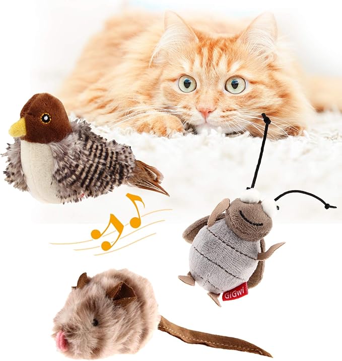 Gigwi Interactive Cat Toy Set, Squeaky Cat Feather Toys for Indoor Cats, 3PCS Cat Plush Toy Pack Including Mouse Hunt Cat Toy, Cat Chase Bird Toy, Cat Chirping Cricket Toy