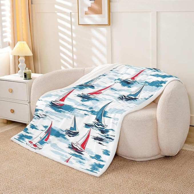Sailboat Sherpa Blanket Sailboat Printed Fleece Throw Blanket Nautical Plush Blanket for Sofa Couch Bed Bedroom Decor Ocean Marine Themed Fuzzy Blanket Sea Adventure Throw 50x60 Inch