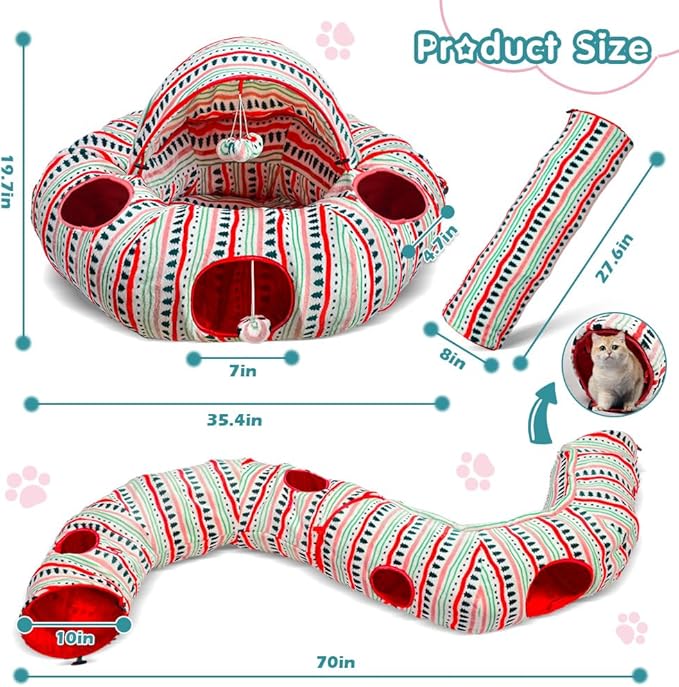Cat Tunnel Bed for Indoor Cats, Soft Plush Peekaboo Cat Cave Donut Tunnel, Multifunctional Cat Playground Toys Hideplace for Small Medium Large Cats, Kittens, Rabbit, Ferret (Red)