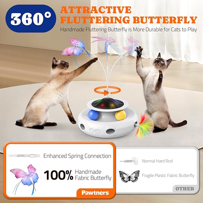 Interactive Cat Toys: 3 in 1 Automatic Cat Toy for Indoor Cats, Electric Kitten Toy with USB Rechargeable, Self Play Kitty Toy with Spinner Fluttering Butterfly, Track Ball and 2 Ambush Feathers