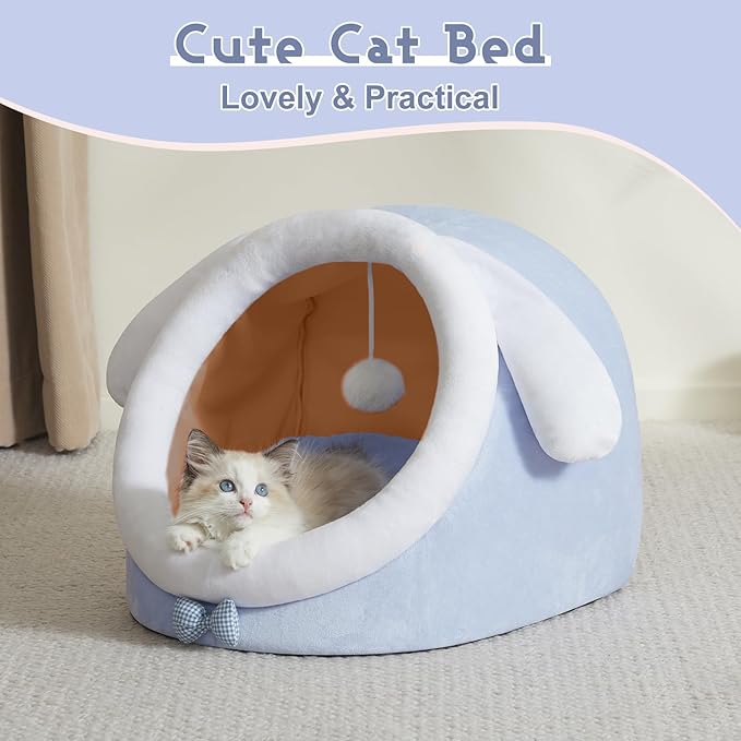Jiupety Cat Bed for Indoor Cats, Soft Cozy Cat Bed Cave Fit for Cat Up to 16 Lbs and Puppy, Lovely Cat Bed, Blue, M.
