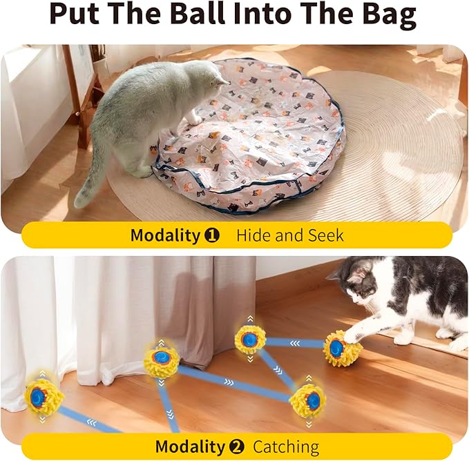 Interactive Cat Toys,Fast Bouncing Ball in Play Mat,Fast Rolling Ball Hide and Seek Game for Indoor Exercise Kicker,Automatic Motion Activated Moving Ball,28 Inch Play Pouch