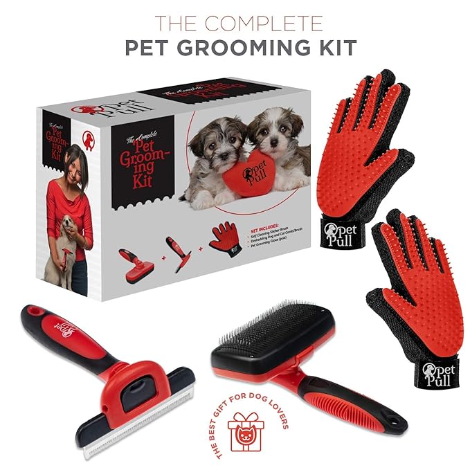 Complete Professional Pet Grooming Kit - Self Cleaning Slicker Brush for Dogs & Cats - Pro Grooming Brush Effectively Reduces Shedding Fur |Hair Remover Brush Gloves - Combo Gift Set