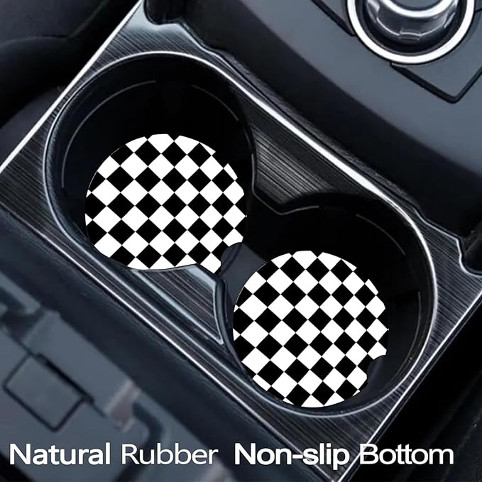 Car Coasters for Cup Holders,2 Pack Black and White Lattice Car Coasters,2.75" Universal Size Anti Slip Rubber Mat,Automotive Cup Holder Decal Decor Accessories,Gifts for Women,Men,Mom