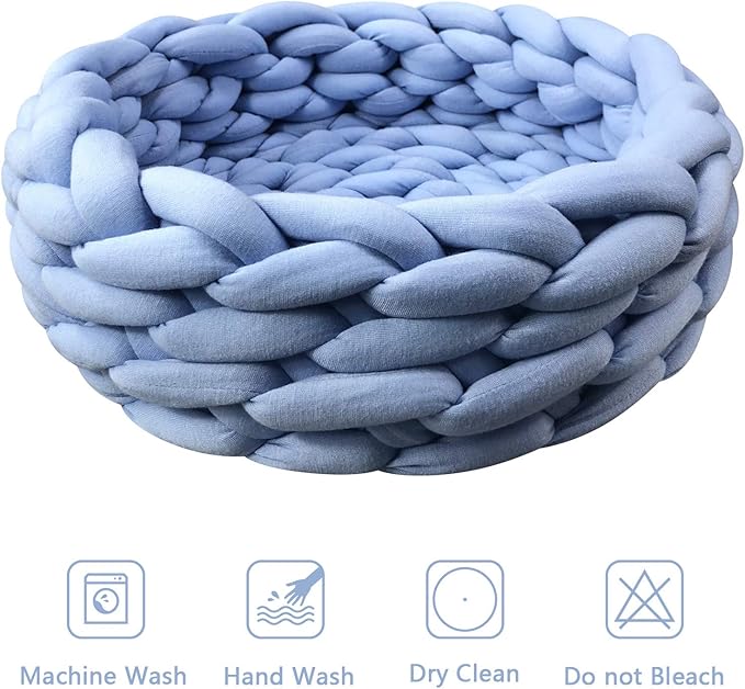 Lucky Monet Cat Basket Bed Cotton Knitted Round Pet Beds for Cats Cute Boho Cat Pet Bed Warm Woven Cat Nest for Puppy Kitten Cats Dogs (15.7", Blue)