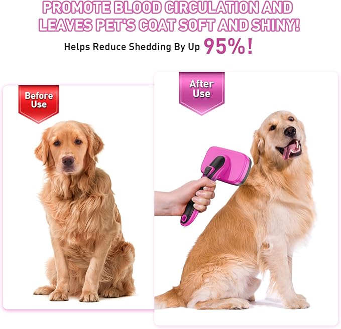 Dog Brush for Shedding, Self-Cleaning Slicker Brush, Perfect for Short & Long Haired Pets, Removes Mats, Tangles, Loose Fur, Gentle on Skin, Ideal for Small, Medium, Large Dogs. Pink