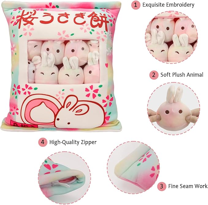 Cute Bunny Plush Pillow with Plushies, Stuffed Bunny Gift for Kids, Kawaii Rabbit Pudding Toy for Christmas (Colorful)