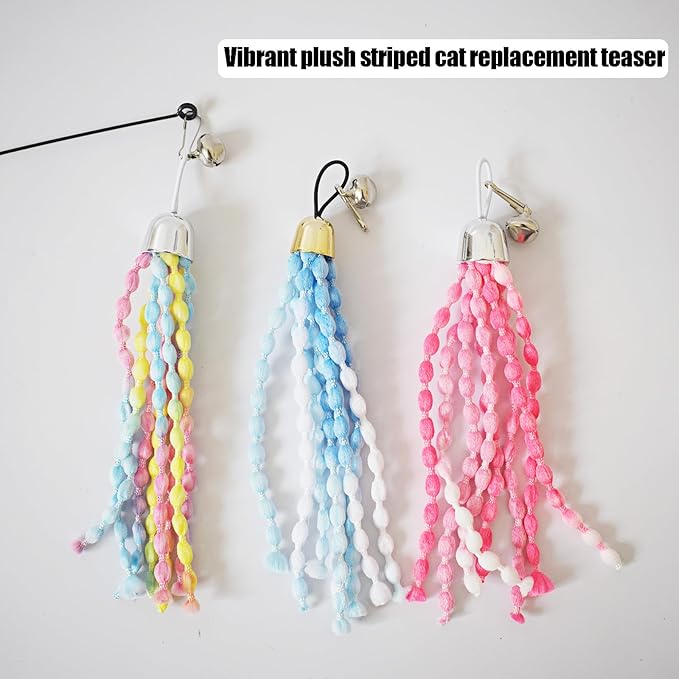 IUHKBH Cat Teaser Toys, Cat Wands with 3 Plush Srtip Refills Vibrant Cat Teaser Wands with Bell Interactive Cat Toys for Cat Kitten Having Fun Exerciser Playing