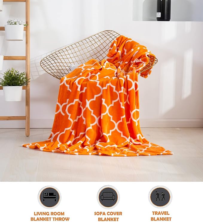 Elegant Comfort Luxury Velvet Super Soft Christmas Prints Fleece Blanket-Holiday Theme Home Décor Fuzzy Warm and Cozy Throws for Winter Bedding, Couch and Gift, 50 x 60 inch, Quatrefoil Orange