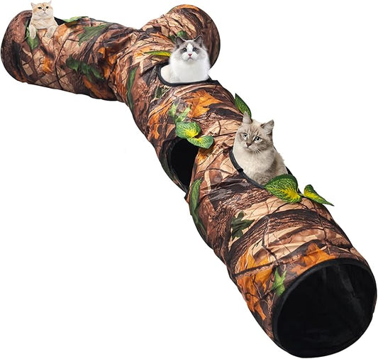 Cat Tunnel for Indoor Cat Large,Cat Bed Toy with Three Channels and Leaves,Y-Shape Cat Cave, Foldable Easy to Store,Suitable for Cats and Other Small Pets to Chase and Play, L 59",Brown