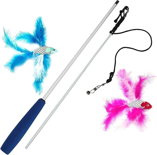Pet Fit For Life 2 Fish and Feather Teaser and Exerciser for Cat and Kitten - Cat Toy Interactive Cat Wand with 2 Feathery Fish
