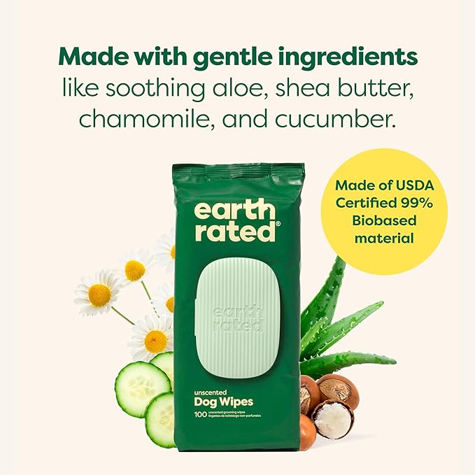 Earth Rated Hypoallergenic Pet Wipes for Dogs & Cats, Cleaning and Odor-Controlling Grooming for Paws, Body, and Butt, Unscented, 100 Count