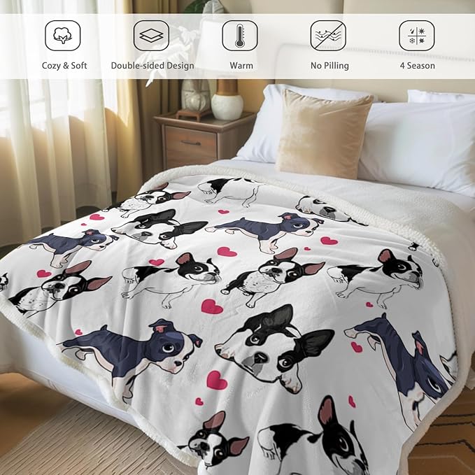 BlessLiving Boston Terrier & Frenchie Dog Plush Blanket - Red Heart Cute Puppy Dog Cozy Fleece Throw for Kids, Girls & Women - White - 50 x 60 Inch