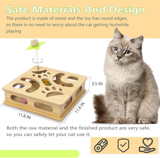 Interactive Cat Toys Puzzle Wood Box, Indoor Sports Entertainment Hunting Cat Toys, Stimulate Cat Sports Vitality (Burlywood)