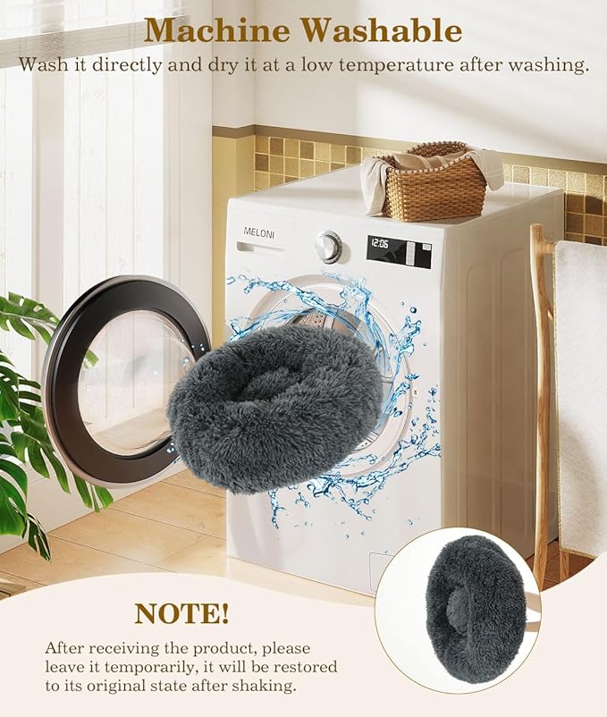 Round Dog Bed for Small Dogs, Donut Cuddler Plush Cat Calming Bed with Machine Washable, Non-Slip Fluffy Dog & Cat Calming Cushion Bed for Joint-Relief and Sleep Improvement, S Size, Dark Grey