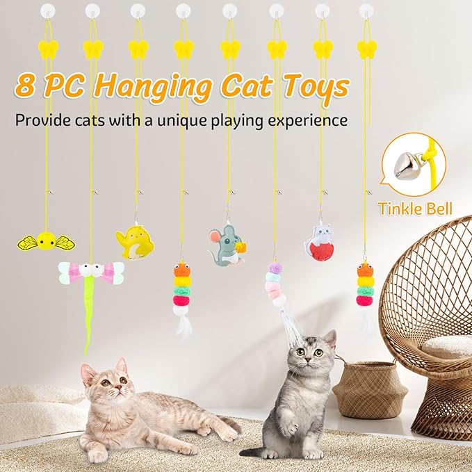 8 PCS Cat Feather Toys Cat Toys Hanging, Interactive Hanging Cat Toy Door Cat Teaser Retractable Door Frame Cat Hunting Toy, Cat Mouse Toy Hanging String Toys for Indoor Kitten Self Play Exercise