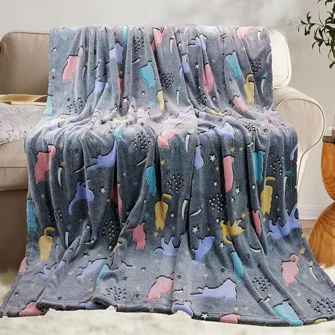 Sviuse Glow in The Dark Cat Blanket Gifts for Cats Lovers Soft Flannel Glow Throw for Girls Kids Luminous Blankets (50" X 60", Cat 9)