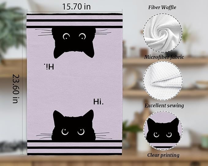 Black Cat Waffle Kitchen Towels, Gifts for Cat Lovers Moms Dish Tea Towels for Kitchen,Decorative Hand Towels for Bathroom Guest Room Decor, 16x24 Inch (Puple)
