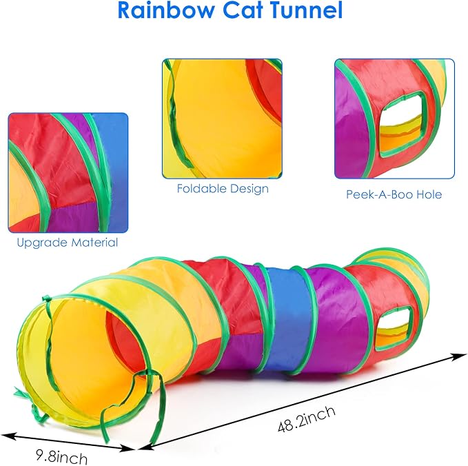 Cat Feather Toys 32PCS Interactive Kitten Toys Assortments, Rainbow Tunnel, Teaser Wand, Crinkle Balls, Bells, Colorful Mice, for Small Breeds