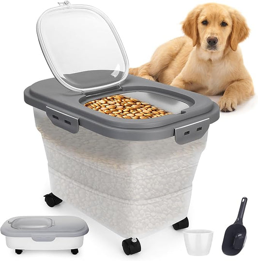 Pet Food Container, Collapsible Dog Food Storage Container with Detachable Casters & Airtight Lid for Keeping Dry Kibbles, With Dog Food Scoop and Measuaring Cups