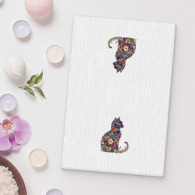 Flower Cat Kitchen Towel, Floral Cat Hand Towel for Bathroom Decor, Kitten Dish Tea Towel for Kitchen Decor, Pet Gifts for Kitten Lovers Women Girls, 16x24 Inches