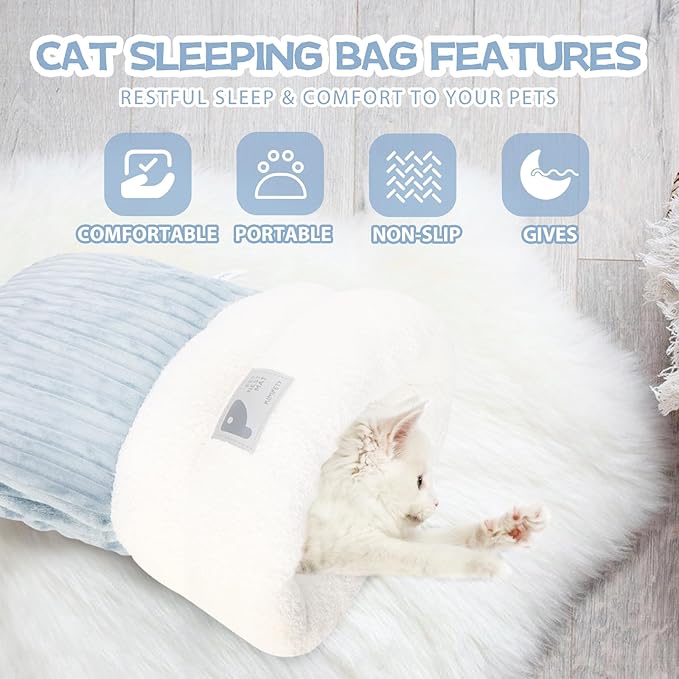 Cat Winter Sleeping Bag, Cat Bed Cave Sleeping Bag, Cat Sleeping Bag, 360°Wrap Comfortable Pet Snuggle Sack, Soft Plush Large Cat Sack - Size M（Gray Blue）