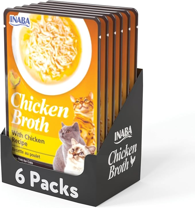 INABA Chicken Broth for Cats, Shredded Chicken & Broth Side Dish/Topper for with Vitamin E, 1.76 Ounces Each Pouch, 6 Pouches, Chicken Recipe