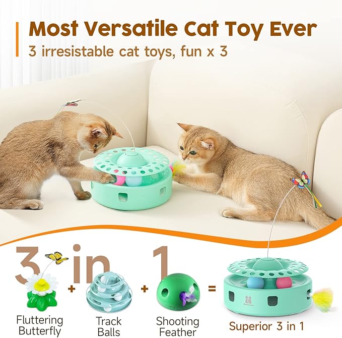 Potaroma Cat Toys 3-in-1 Automatic Interactive Kitten Toy, Fluttering Butterfly, Random Moving Ambush Feather, Track Balls, Dual Power Supplies, USB Powered, Indoor Exercise Cat Kicker (Green)