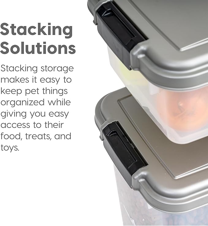 IRIS USA Dog Food Storage Container, 30 lbs & 11 lbs Combo, Cat Food Storage Container, Dog Treat Container, Airtight, Stackable, 2-Cup Scoop, Wheels, Easy Mobility, Chrome