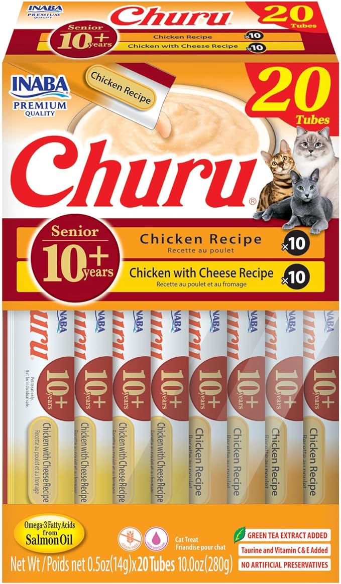 INABA Churu for Senior 10+, Creamy Lickable Cat Treats with Taurine, Vitamin E & C, 0.5 Ounces Each, 20 Tubes, Chicken Variety