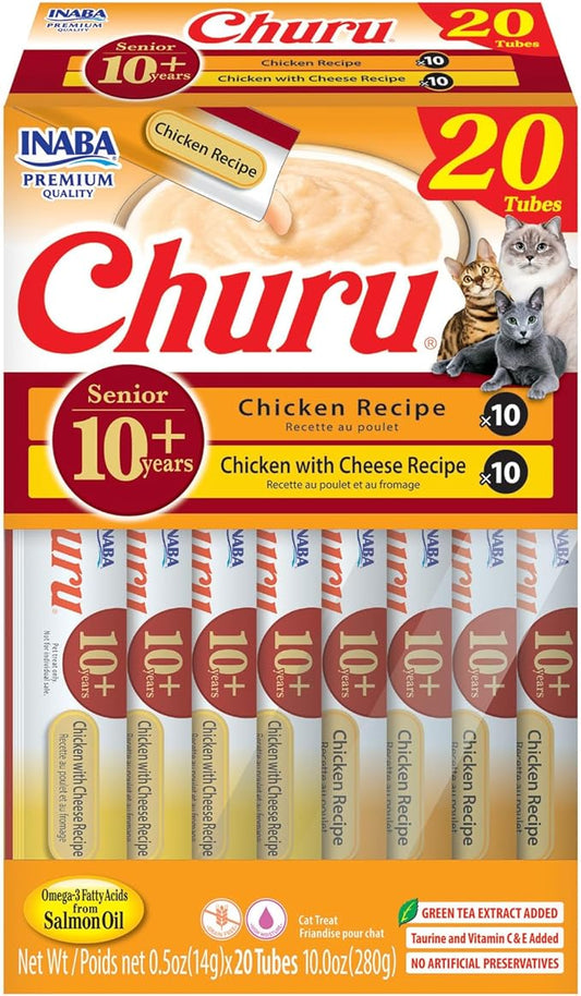 INABA Churu for Senior 10+, Creamy Lickable Cat Treats with Taurine, Vitamin E & C, 0.5 Ounces Each, 20 Tubes, Chicken Variety