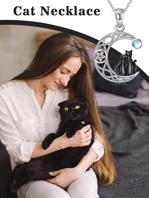 Black Cat/Dragon/Fox/Wolf Necklace 925 Sterling Silver Celtic Moon Pentagram Pendant Gothic Jewelry Goth Halloween Gifts for Women