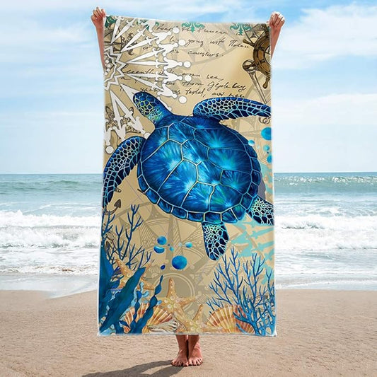 Sea Turtle Beach Towel, Cute Microfiber Bath Towel Gifts for Turtle Lovers, Funny Sand Free Quick Dry Boho Blue Travel Towels for Women Kids Yoga Sports 30" X 60"