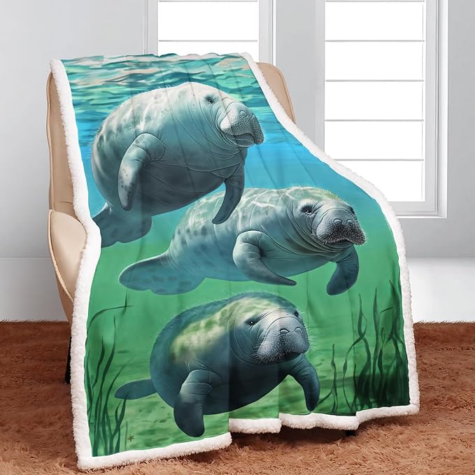 Manatee Family Sherpa Blanket, Animal Print Fleece Throw Blankets for Couch Sofa Bed, Super Soft Warm and Lightweight, 60" x 80"