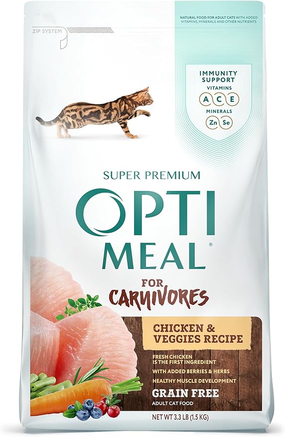Optimeal Grain Free Cat Food - Proudly Ukrainian - Healthy Cat Food Dry Recipe for Gut Health, Tasty Dry Cat Food with Immunity Support for Adult Cats (3.3 lbs, Chicken & Veggies)